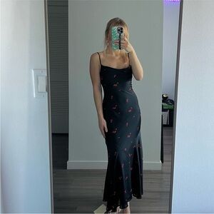 black fit & flare midi dress w red floral details